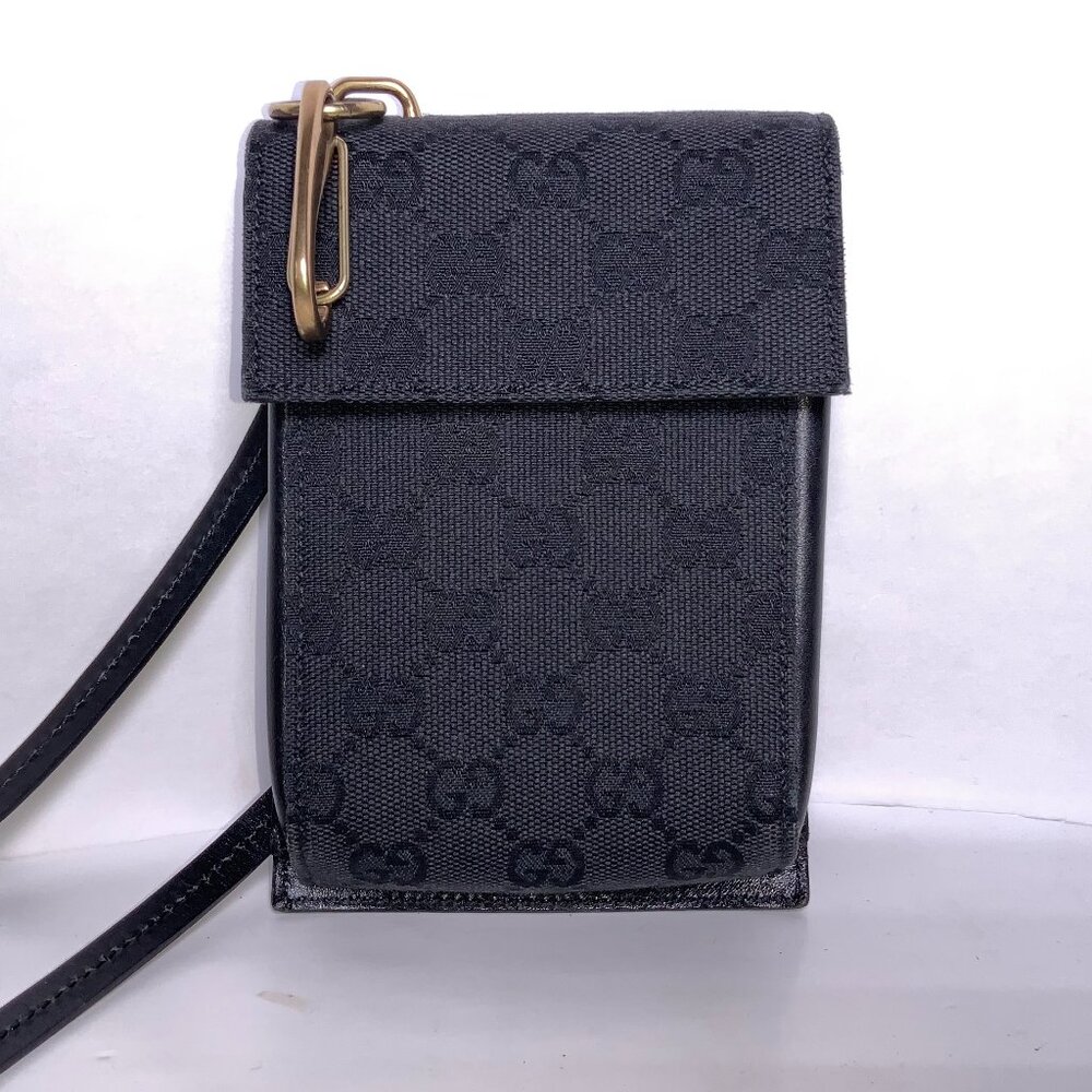 Authentic GUCCI Web Crossbody Shoulder Small Bag Pouch GG Black Canvas Leather